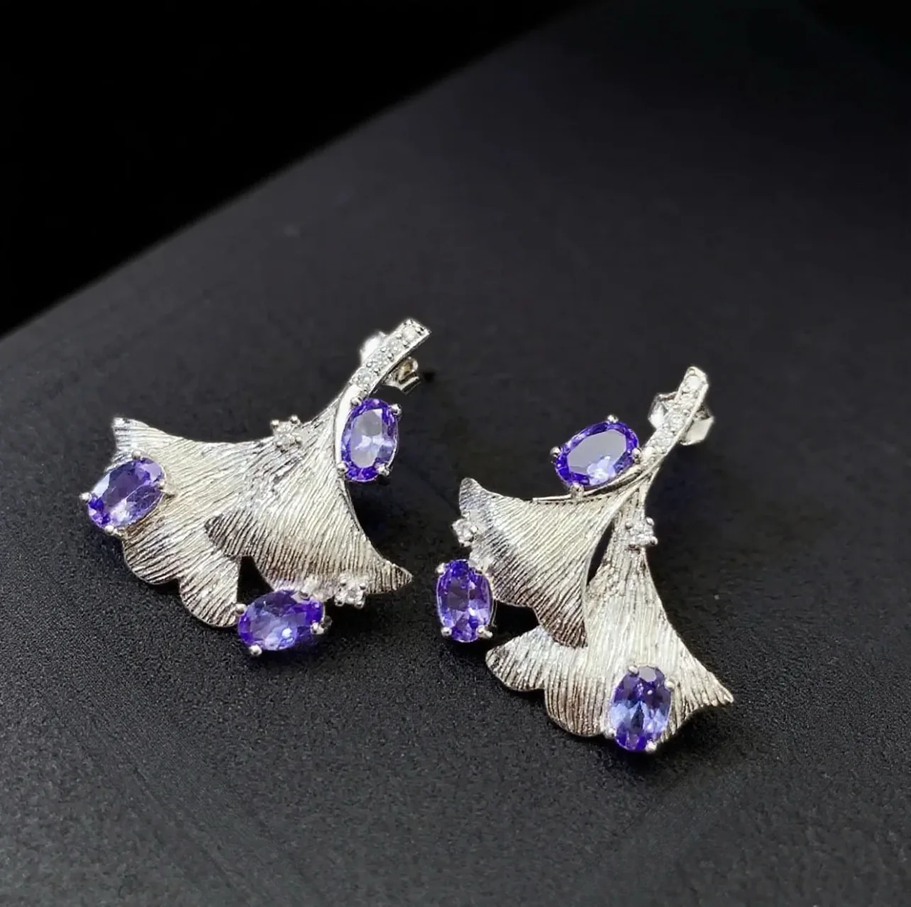 Natural Tanzanite Ginkgo Leaf Drop Earrings 4\*6mm Oval Stone S925 Silver Women Vintage Purple Gem Ear Jewelry