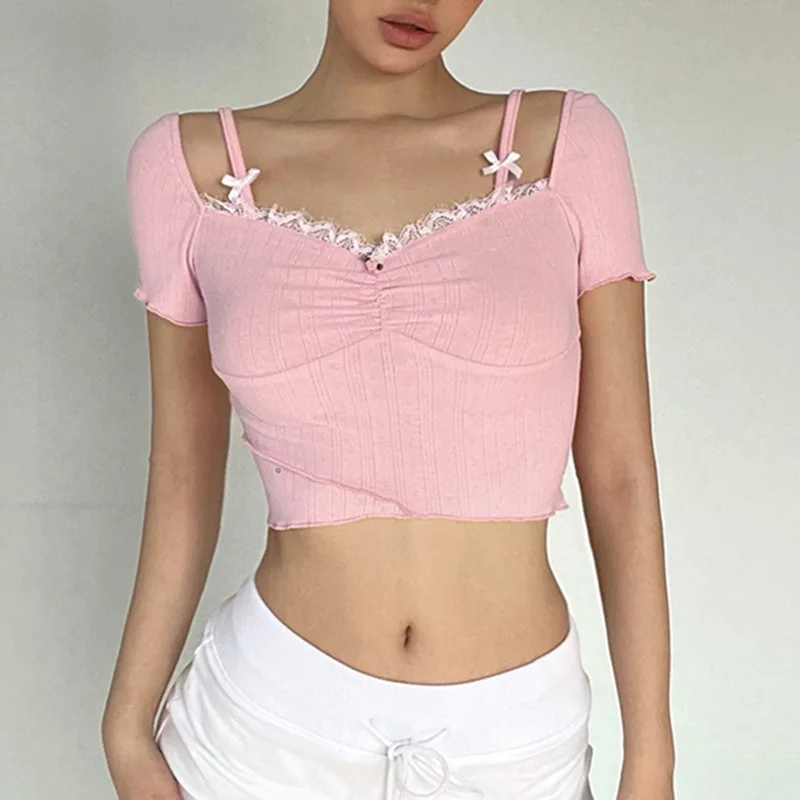 

Slim Fit Short Sleeve T-Shirt for Women, Sweet and Delicate, Pink Lace Hem, Neckline, Crop Top with Exposed Navel