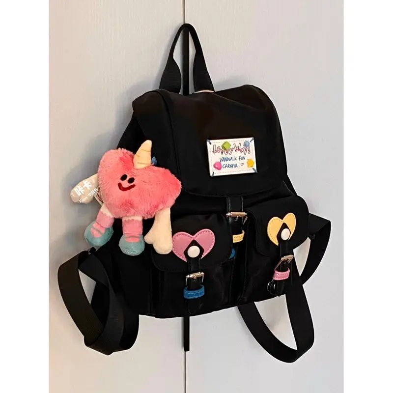 JIAERDI Sweet Nylon Black Backpack Women New Harajuku Aesthetic Heart Pocket Casual Schoolbag Student Cute Y2k Mochila Aesthetic