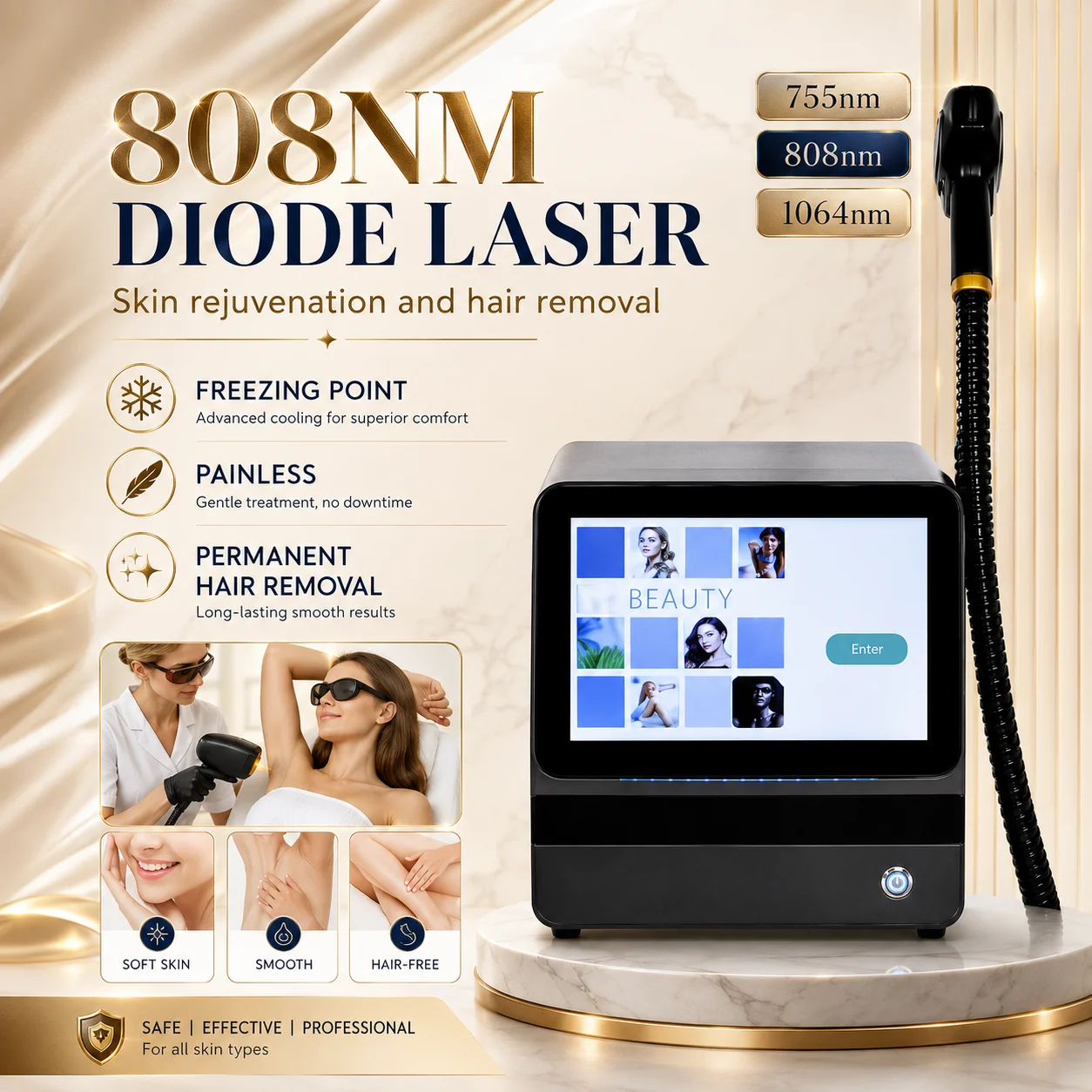 Professional 808nm Diode Hair Removal Machine 5000W Ice Platinum Cooling Head for Body Face Underarm Painless Permanent