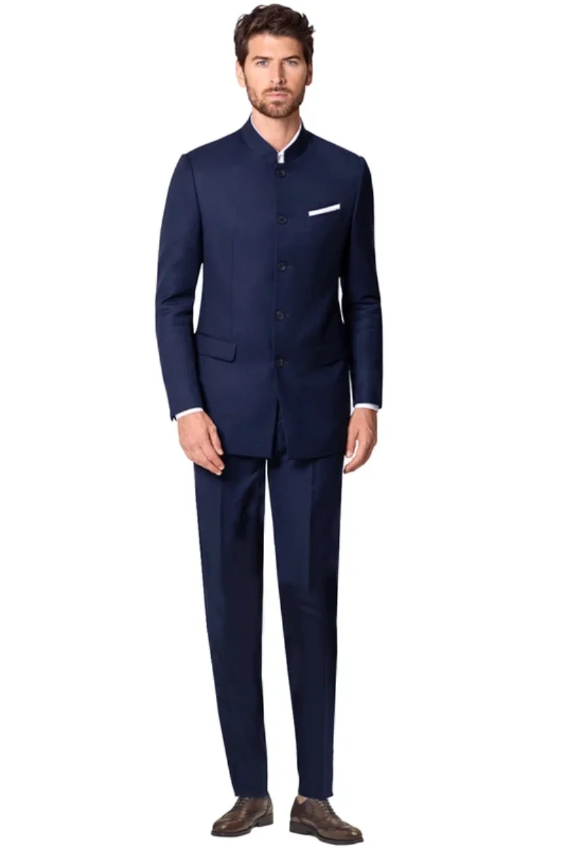 

2 Pieces Navy Blue Men's Stand Collar Suit Wedding Formal Groom Tuxedos Jacket & Trousers for Businees Party Prom