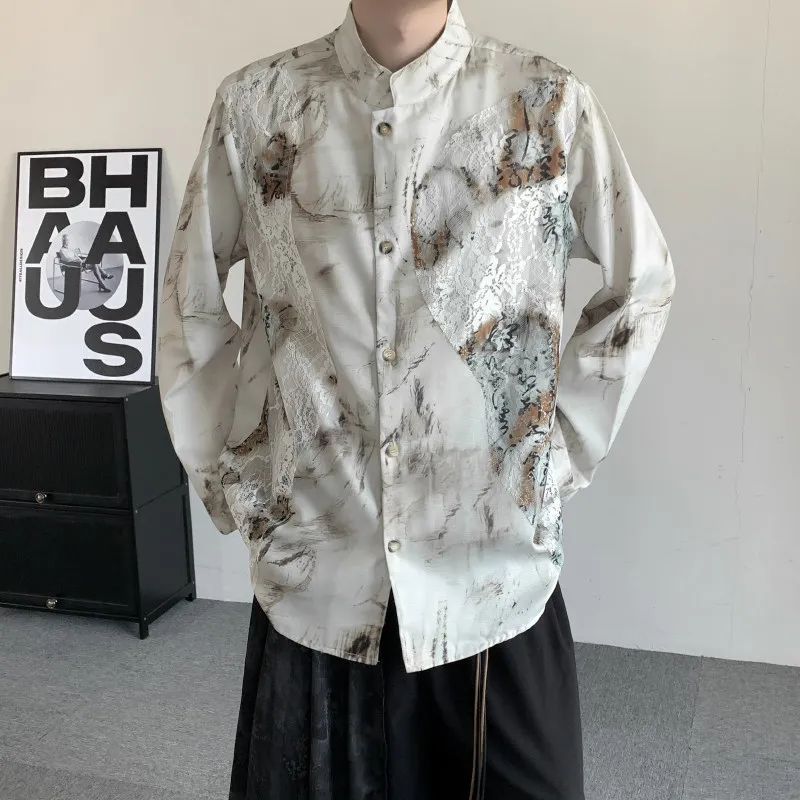 

Мужская одежда больших размеров: Новинка весна-осень, китайский стиль, длинные рукава, кружевные вставки, ретро-дизайн, из полиэфирного волокна