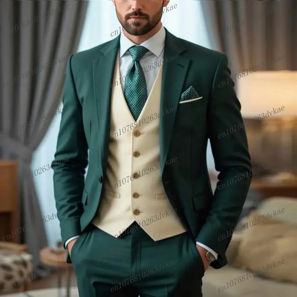 

New Dark Green And Beige Formal Business Men Suit Groom Groomsman Wedding Party Prom Male Tuxedos 3 Piece Set Blazer Vest Pants