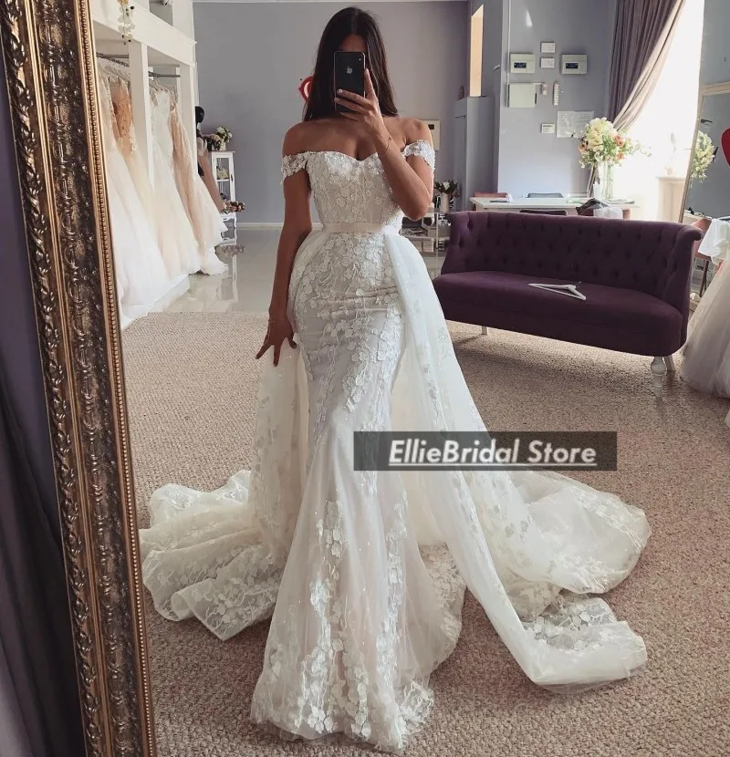 فساتين زفاف دانتيل رائعة فاخرة 2025 بدون أكتاف مزينة بحورية البحر فساتين زفاف مع ذيل قابل للانفصال حسب الطلب