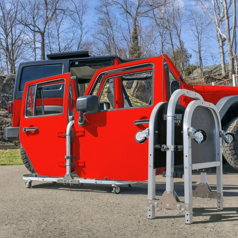 

Aluminum Silver 4 Door Folding Rolling Door Cart, Storage Door Rack Holder Stand fits Jeep Wrangler JL JLU JK JKU TJ YJ and Gla