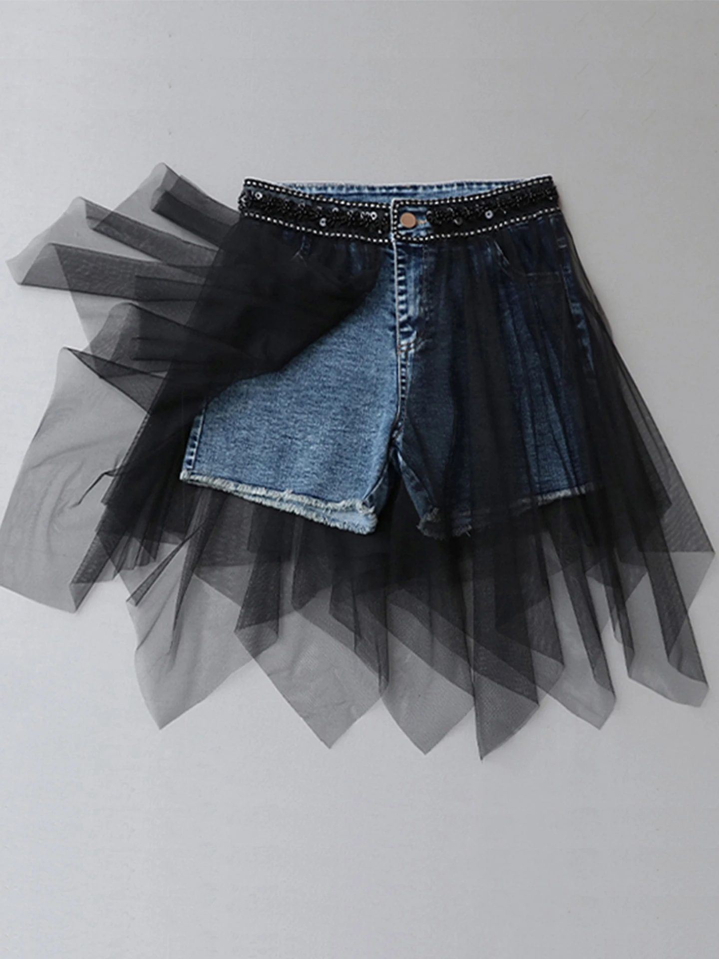 Fairytale Half Skirt High Waist Asymmetrical Denim Mesh Splicing Short Pants Fake Two-Piece Pants Skirt for Young Women