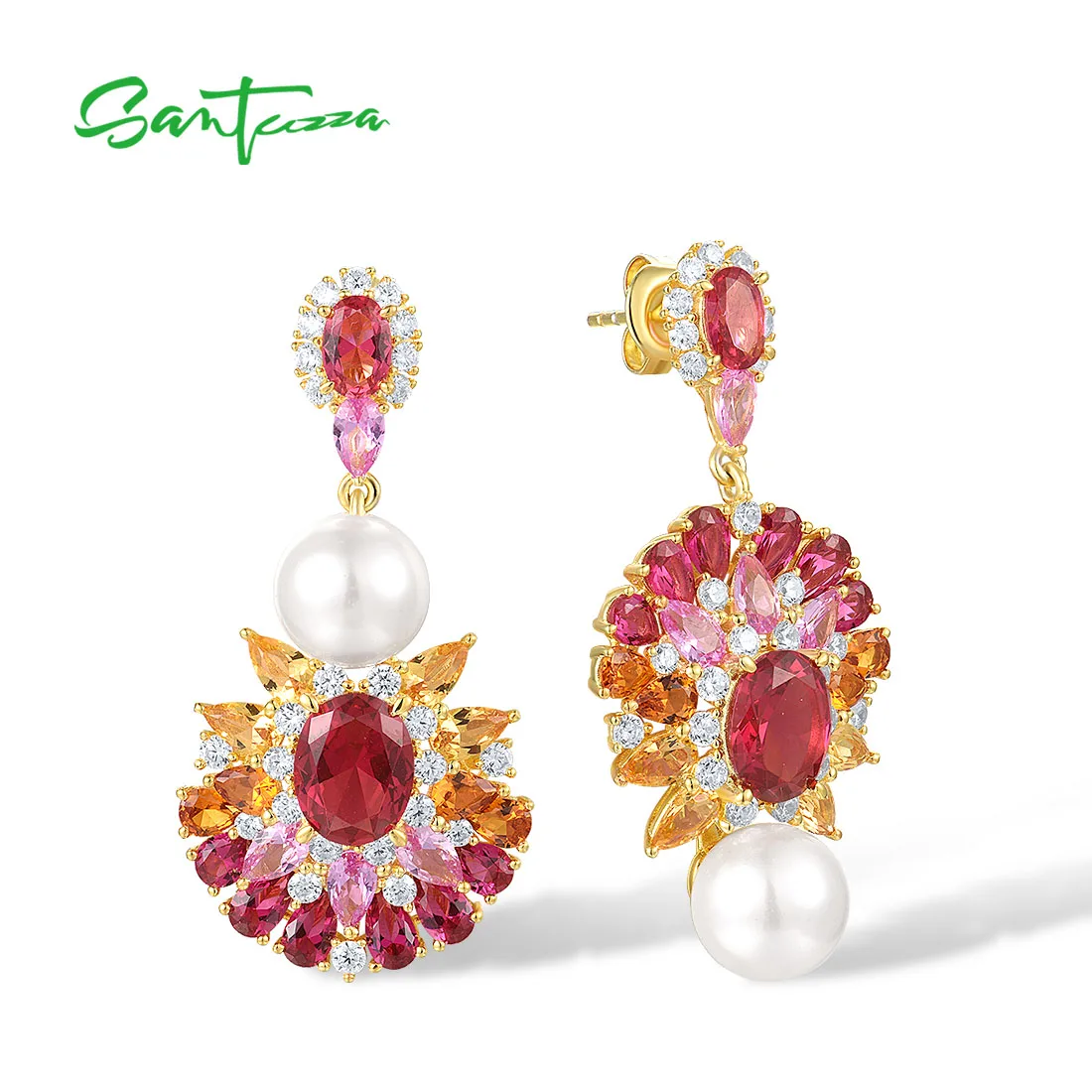

SANTUZZA Pure 925 Sterling Silver Drop Earrings For Women Sparkling Red & Yellow Cluster Crystal Geometric Wedding Fine Jewelry