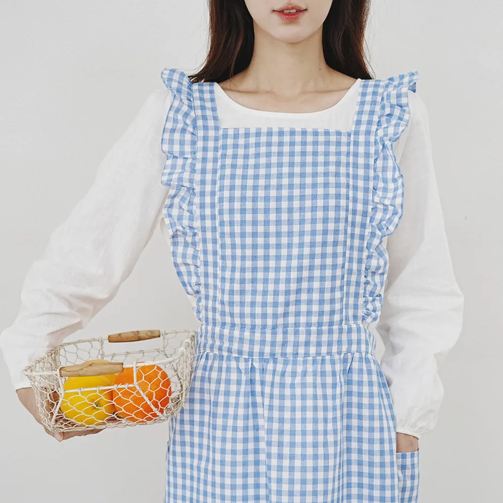 Women\'s fresh style cotton large size ruffle plaid apron,Anti-fouling apron,One size,Lace Up,Pleated,For work,outdoor,household