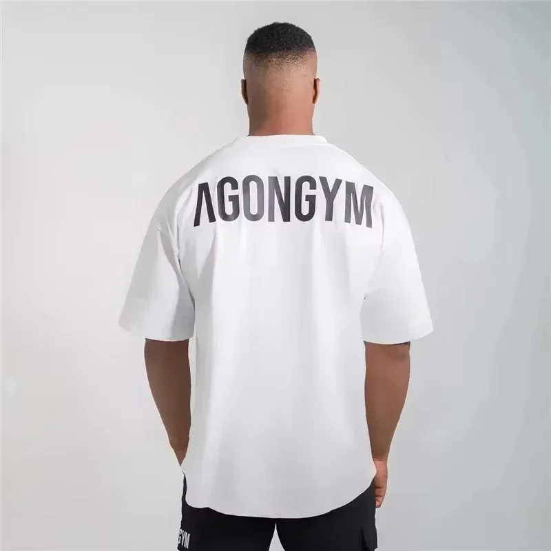 Gym Fitness Agongym Bodybuilding Oversized Loose T-shirt Cotton Men's Muscle Short Sleeve Gym Men's Running Exercise T-shirt Top