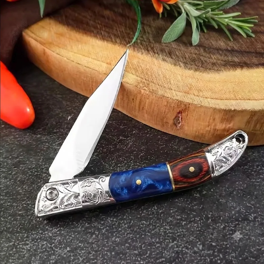 Stainless steel Folding knife for Slicing and Meat Cutting Knife with Vintage Carved Handle Multi-functional Pocket Fruit Knife