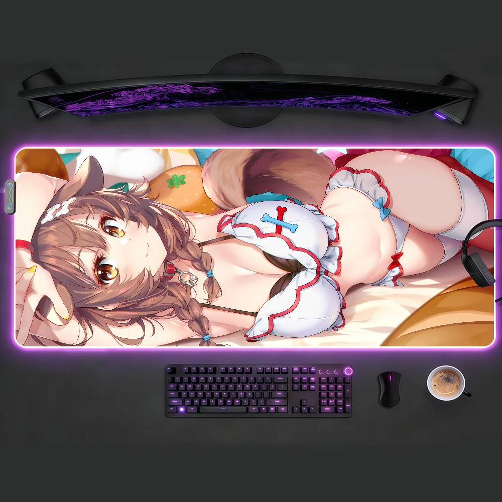 Inugami Korone Mouse Pad RGB LED Non-slip Desk Mat Rubber Gaming Accessories Large XXL Computer Office Keyboard Carpet