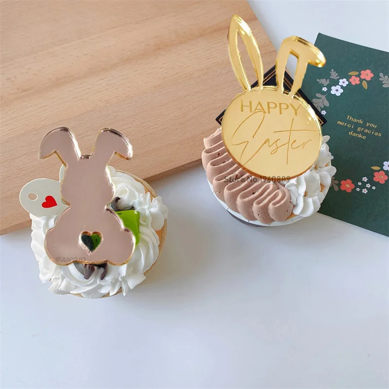 10Pcs Happy Easter Bunny Egg Cake Toppers Acrylic Gold Silver Rabbit Shaped Cupcake Toppers for Easter Party Dessert Decorations