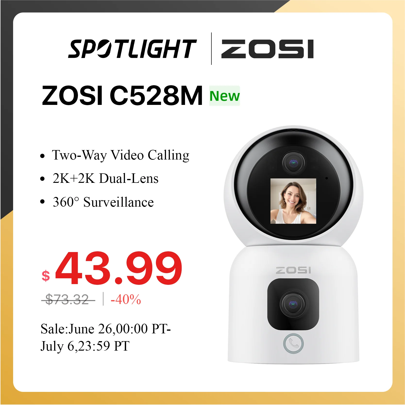 

ZOSI 2K+2K Dual-Lens Indoor Security Camera Two-Way Video Calling 2.4G/5G WiFi C528M 360° Views PT Home Baby/Pet Dog Monitor