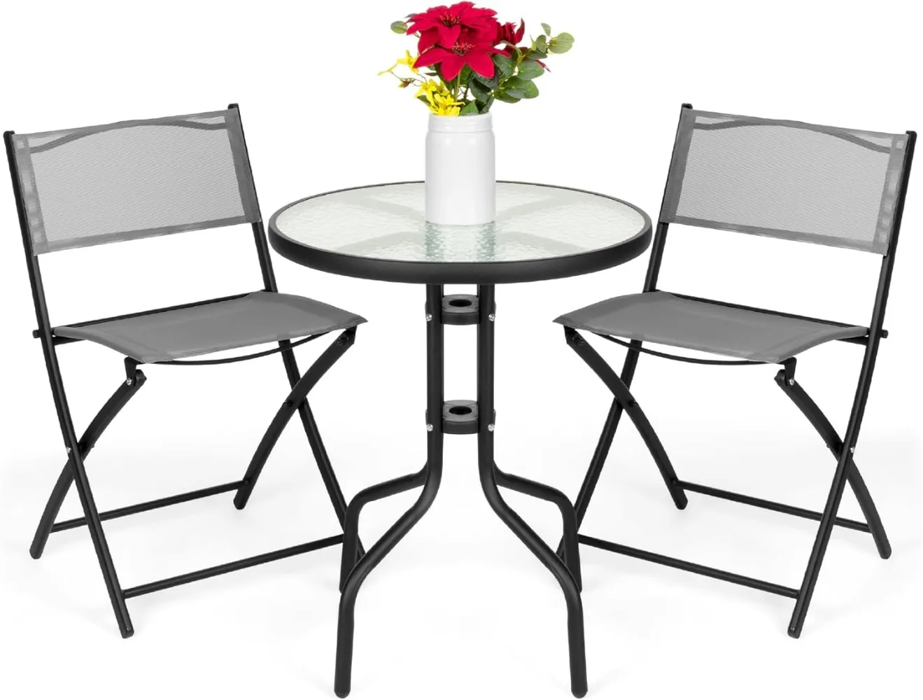 3-Piece Patio Bistro Dining Furniture Set w/Glass Tabletop, 2 Folding Chairs, Steel Frame, Polyester Fabric - Gray