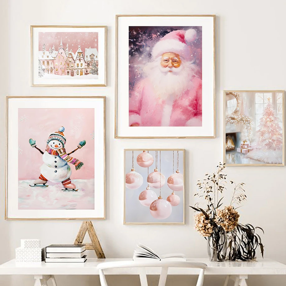 Pink Christmas Decoration Printed Gift Holiday Poster Wall Art Canvas Painting Nordic Poster Home Living Room Decor