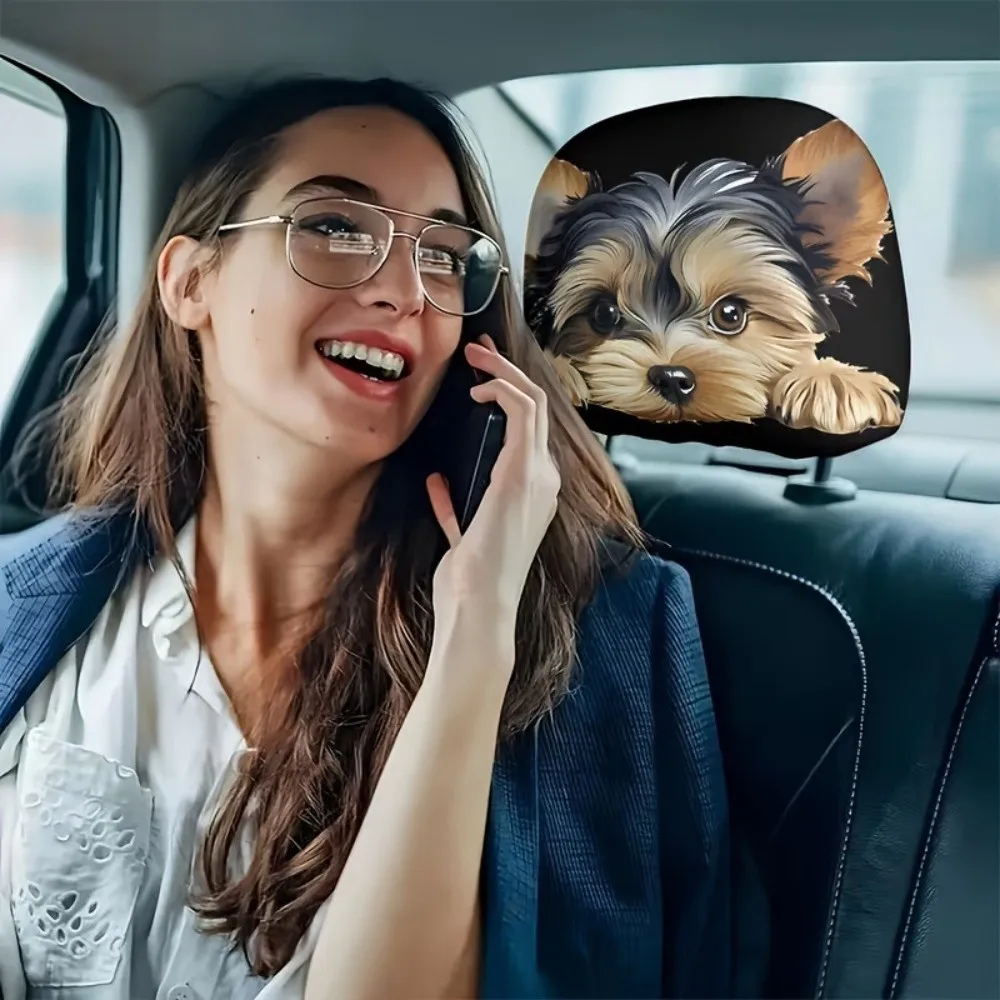 2PCS Cartoon Dog Pattern Car Head Pillowcase Soft Polyester Seat Headrest Protector Elastic Washable