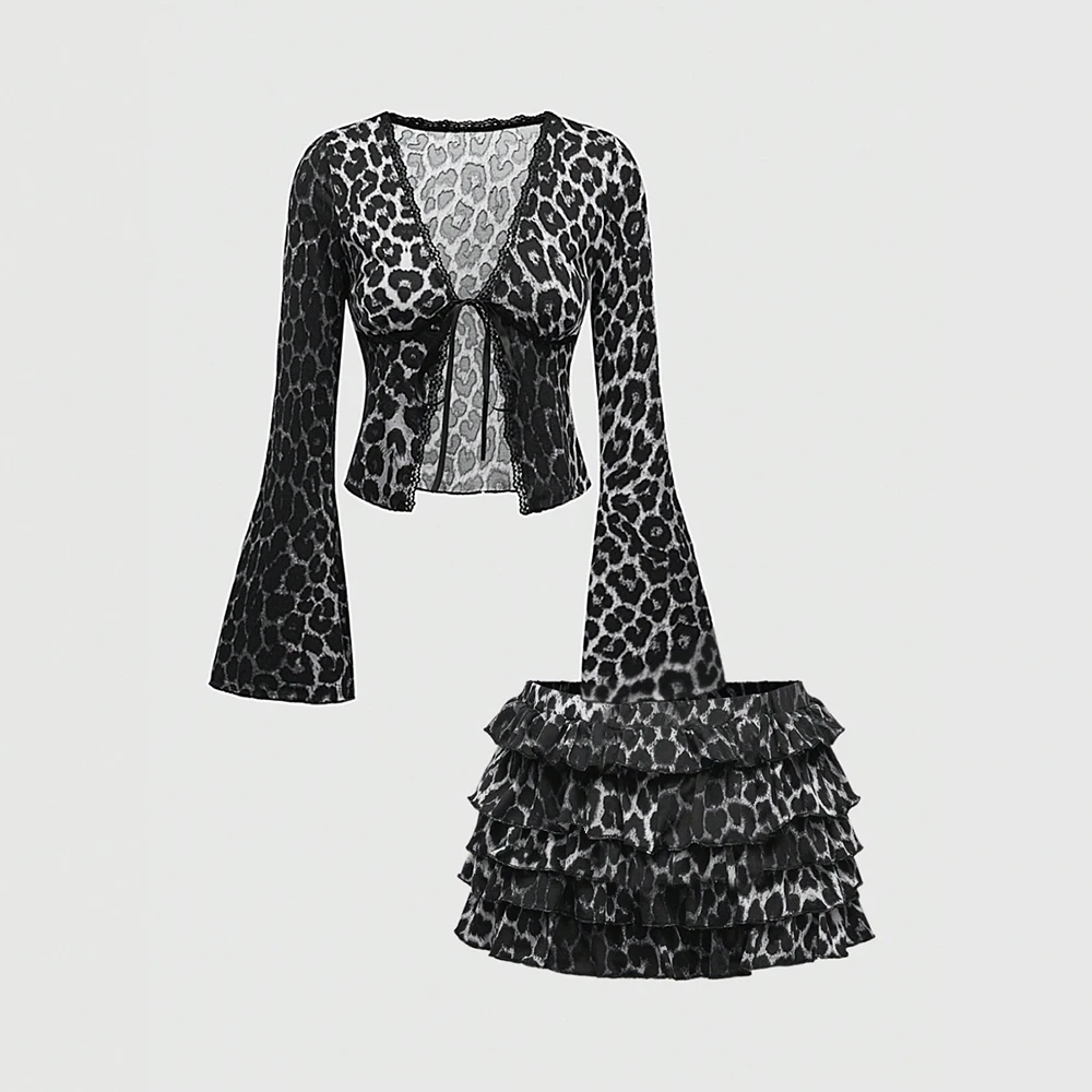

Mia Muse Boutique женские комплекты осенние сексуальные леопардовые принты с длинными рукавами и открытой передней частью на шнуровке с естественной талией мини-уровневые юбки комплекты