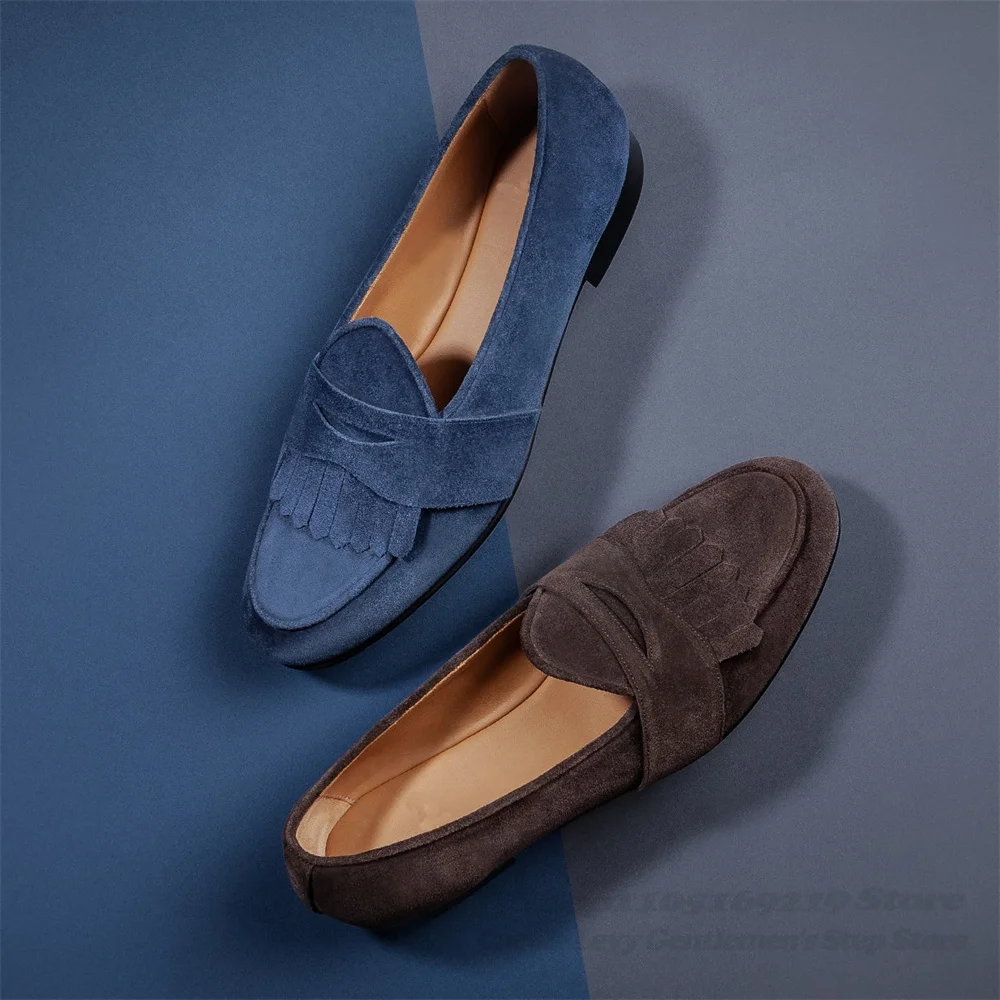 Navy Blue Suede Loafers Men Round Toe Leather Fringed Decoration Slip On Soft Sole Non-Slip Elegant Handcrafted Single Shoes