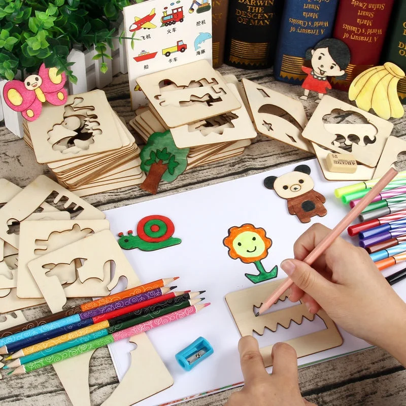 Montessori Kids Drawing Toys Wooden DIY Painting Template Stencils Learning Educational Toys for Children Wooden Toy Gift