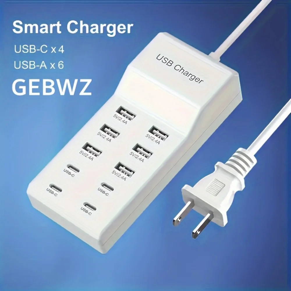 Universal USB Charger 10-Ports Charger Station for Multi Devices 50W USB Hub Adapter for iPhone Samsung Xiaomi Extension Socket