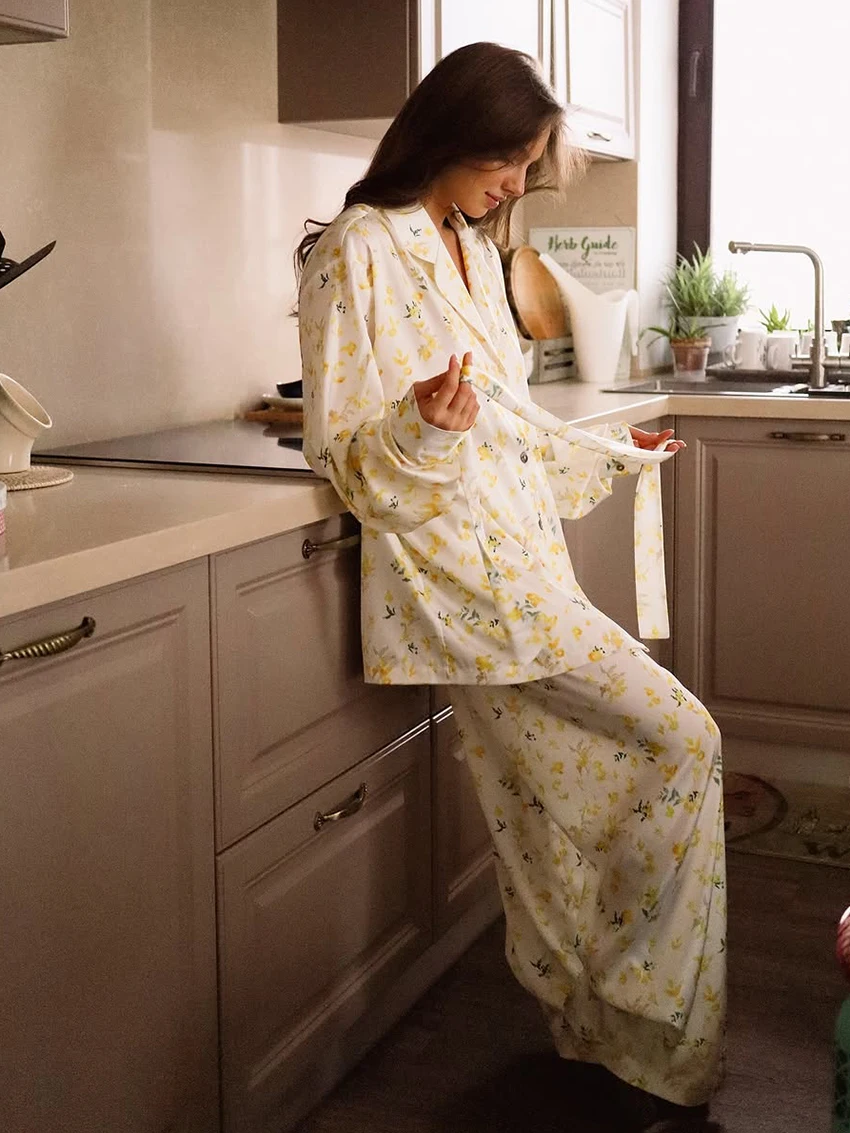 Marthaqiqi Printing Female Nightgowns Set Long Sleeve Robe Turn-Down Collar Sleepwear Lace Up Pajamas Pants Loose Nightwear Suit