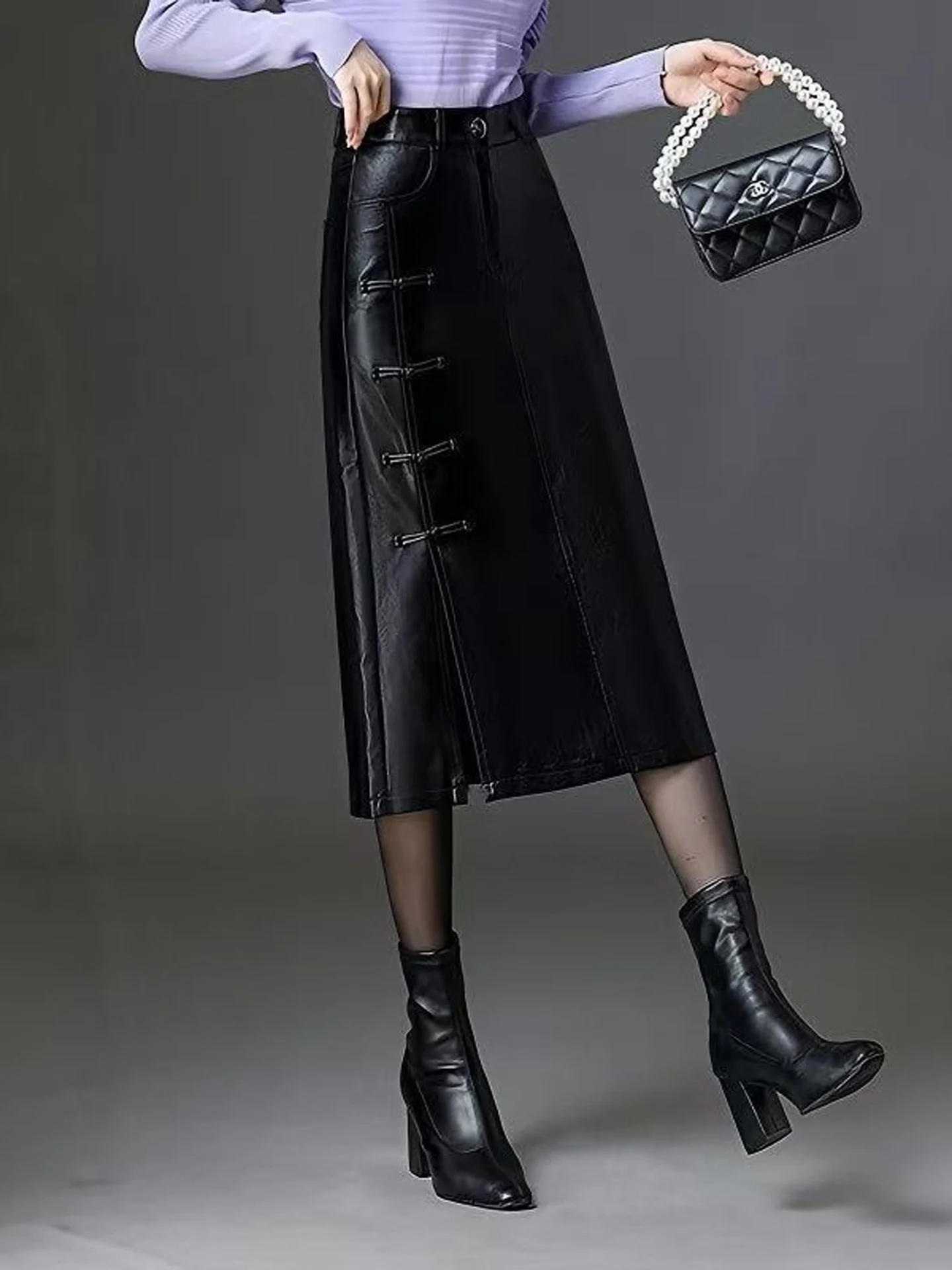 Elegant High Waist PU Leather Skirt with Button Detail Straight Cut Slimming Midi Skirt for Women Autumn New Style Side Split