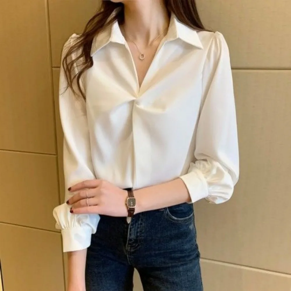 Satin Silk Blouse Women Vintage Top Elegant Twist Wrap Front Design Shirt Office Lady Long Puff Sleeve Sexy Fashion Blouse New