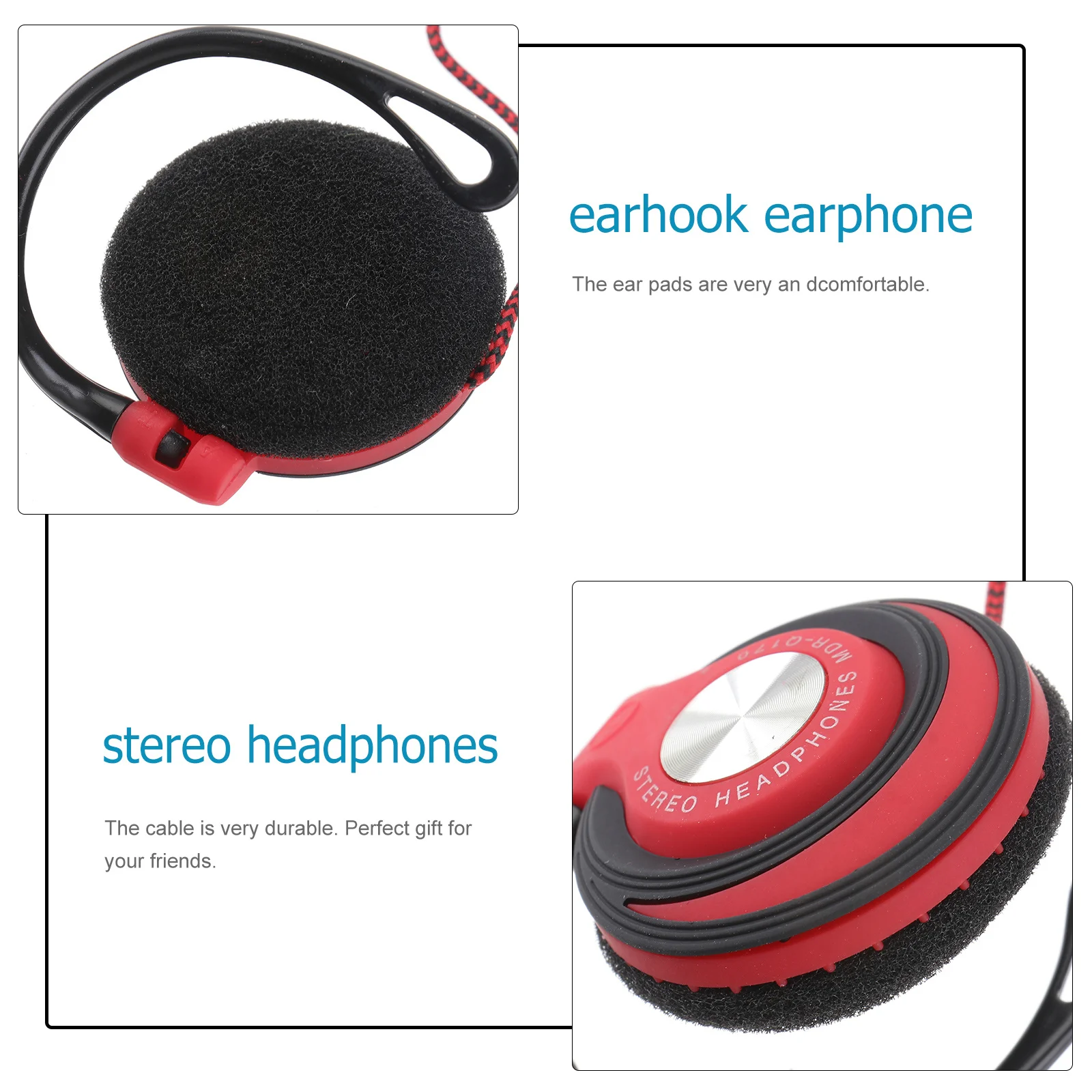 

3.5mm Ear Hook Clip on Earphones Wired Stereo Headphones Red Durable Cable Comfortable Ear Pads for Phone Computer Dvd