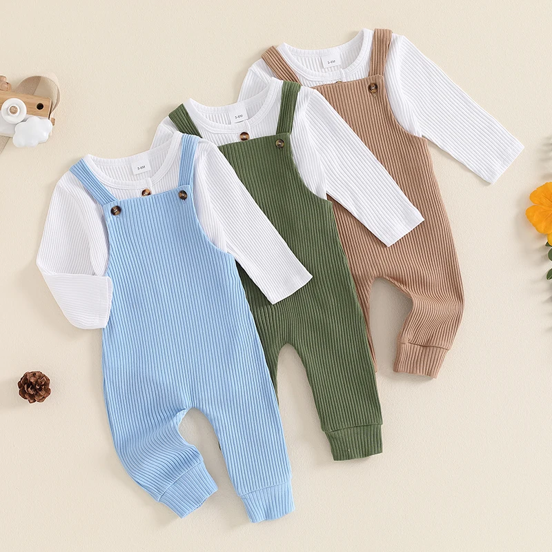 

Newborn Baby Boy Girl Clothes Outfit Long Sleeve Button Romper Top Strap Pants Trousers Suspender Set Fall Stripe Tracksuit Sets