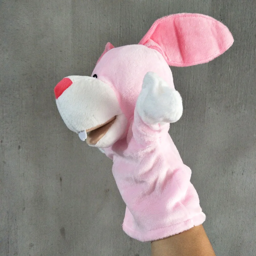 Offener Mund rosa Kaninchen Handpuppe Säugling Plüschtier für Kindergeburtstagsgeschenk