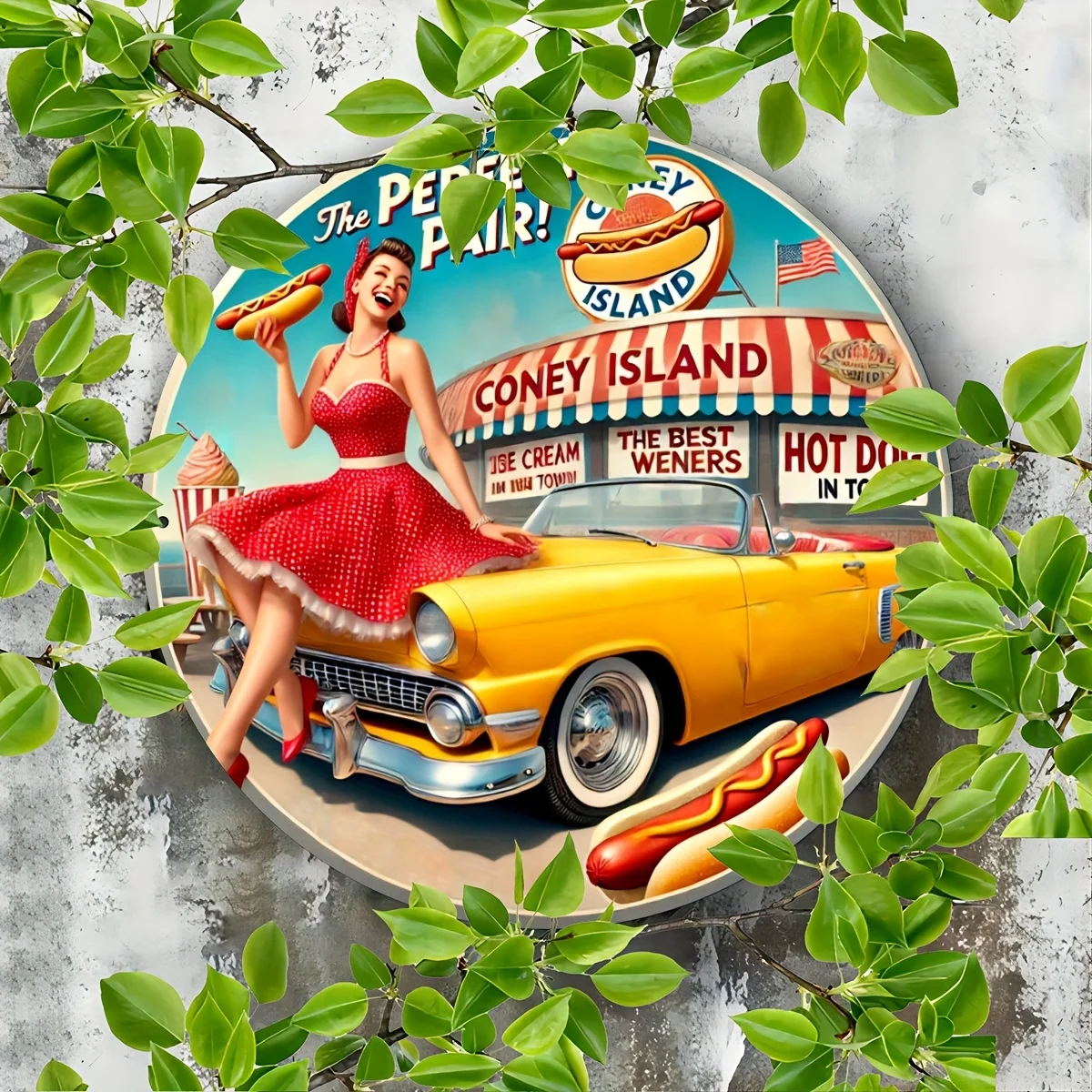 Póster Retro de Hot Dogs de Coney Island - ¡Combinación Perfecta! Letrero de Madera - Decoración para Playa, Bar o Hogar - Mini Obra de Arte - Material de Madera