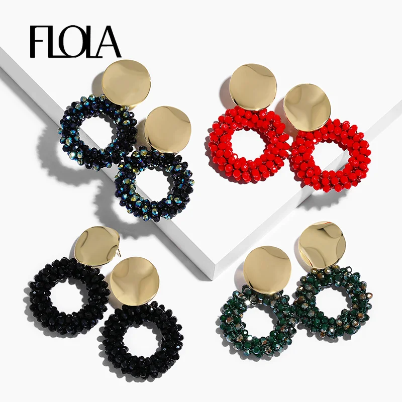 FLOLA  Lott Oorbellen for Woman Gold Plated Crystal Beaded Earrings Bohemia Jewelry Brincos Handmade Round Drop Earring ersp46