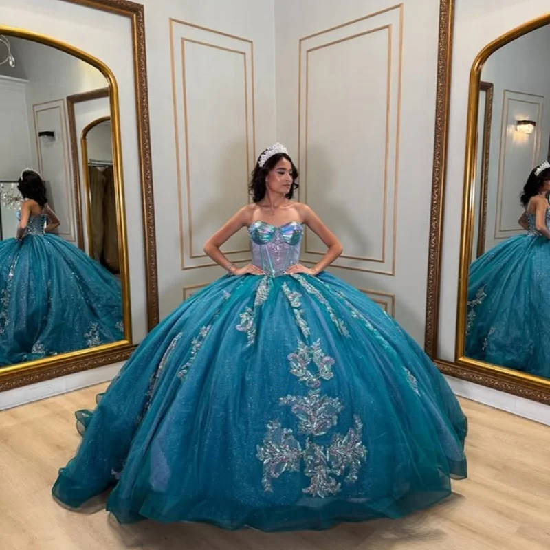 

Customized Shiny turquoise Quinceanera Dresses Off the Shoulder sequin applique Long tail Lace Bow Vestido 15 Quinceanera