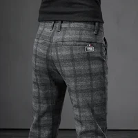 Pantalones informales a cuadros cepillados de otoño para hombre, pantalones de trabajo de moda ajustados, elásticos, grises, de estilo coreano, azules y negros