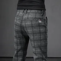 Autumn Men's Brushed Plaid Casual Pants Korean Style Gray Elastic Straight Slim Fit Fashionable Work Pants Blue and Black Male
