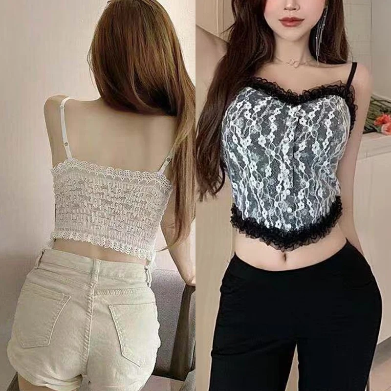 

New Sexy Lace Flower Print Cami Crop Tank Tops Summer Camisole Women's Tube Top Female Elegant Slim Sleeveless Short Tanks Vest