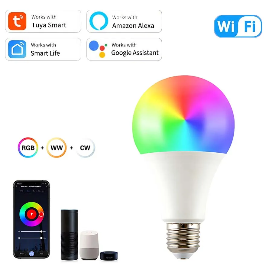 

Tuya Smart WiFi E27 LED Light Bulbs AC 220V 110V 10W 15W 20W RGB Lamp Smart Life APP Voice Control for Google Home Alexa