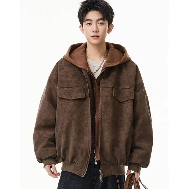 

Two-piece Patchwork Hooded Cotton Jacket for Men PU Leather Cotton Jacket American Retro Fake Winter Motorcycle Tie-dyed outcoat