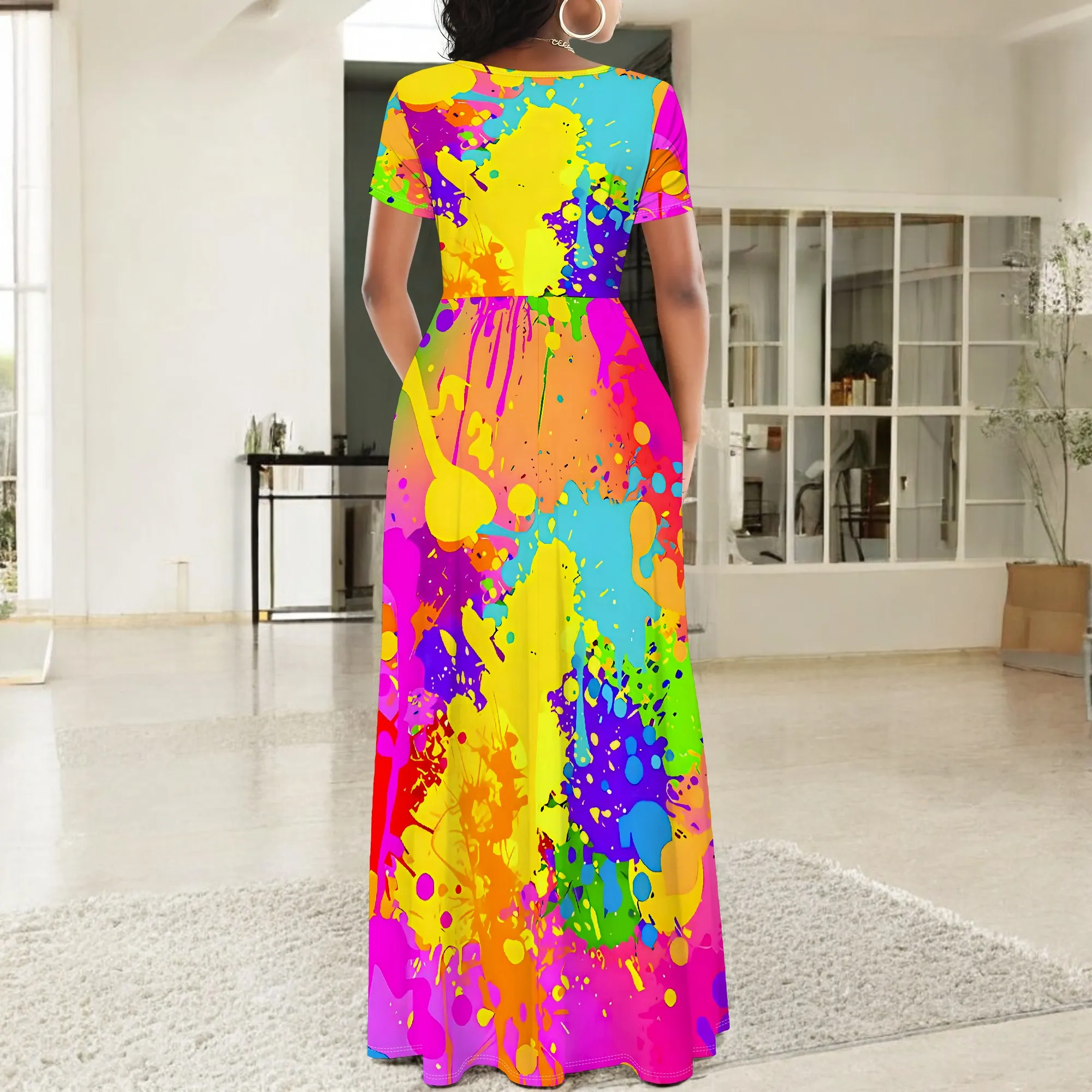 Abito lungo Boho ampio da donna a maniche corte con collo sexy, abito lungo da vacanza casual con orlo diviso stampato alla moda