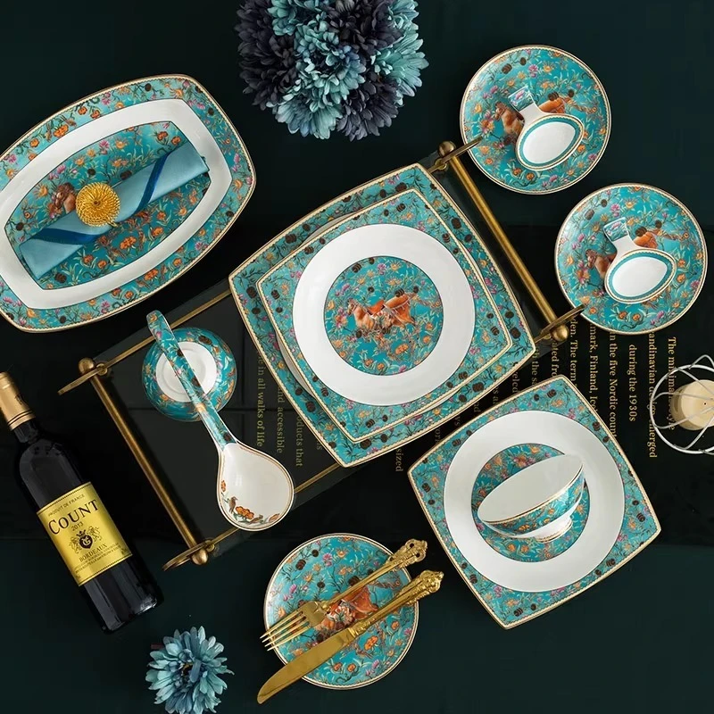 Chinese dish set, home retro horse Chinese style enamel color Jingdezhen tableware