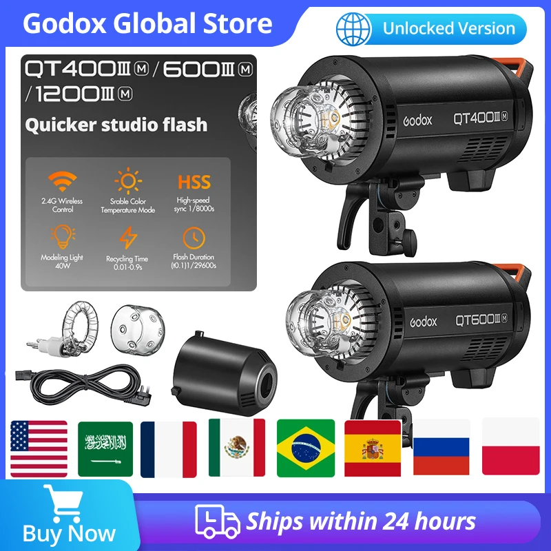 Студийная вспышка Godox QT400III QT600III с высокоскоростной синхронизацией 1/8000 с, встроенной беспроводной системой 2.4G и светодиодной лампой для моделирования света 40 Вт