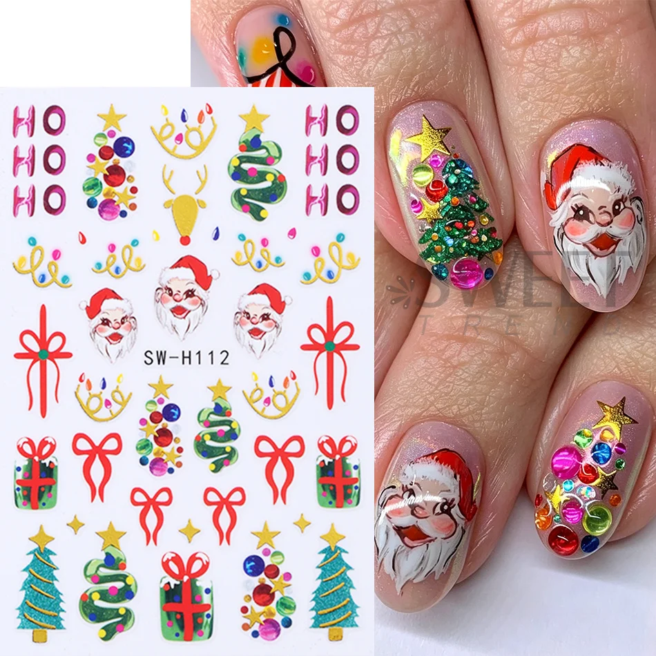 2pcs Christmas Self-adhesive Nail Stickers Santa Claus Xmas Tree Bow Clock Holly Nail Decals Winter Holiday DIY Manicure Decor