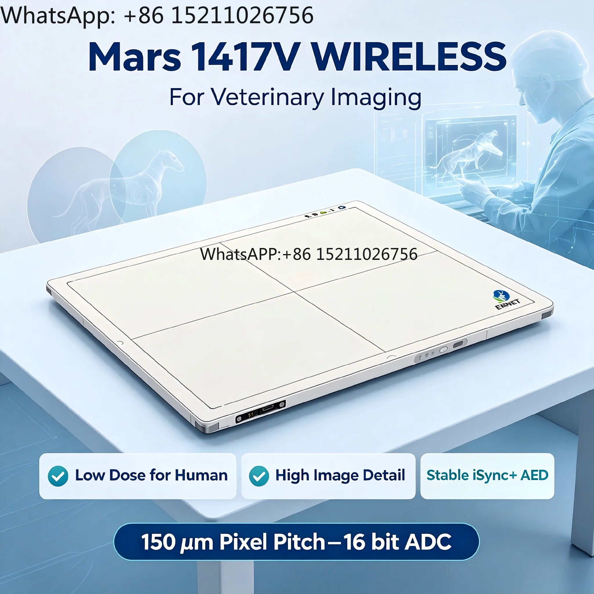 Wireless DR Cassette Detector ISO Digital Radiography Panel 16 Bit ADC Image Details ISync Automatic Exposure Detection
