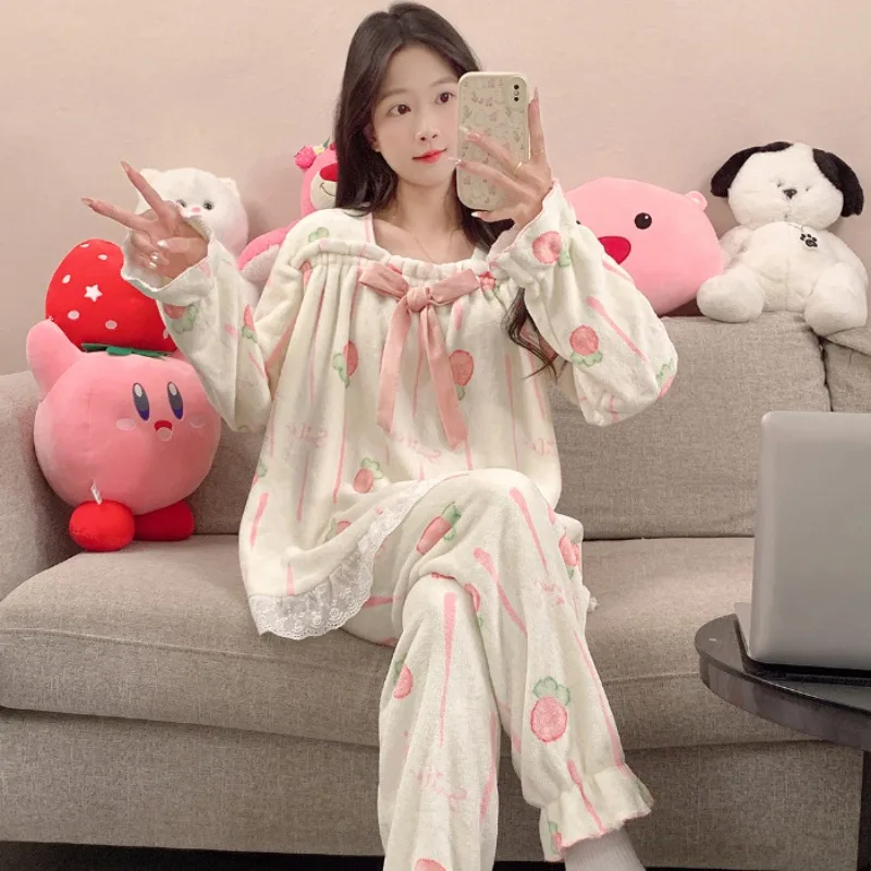

M-2XL комплект из 2 предметов, теплая одежда для сна, зимние женские бархатные пижамы с коралловым принтом, студенческая фланелевая одежда для дома, домашняя одежда в стиле принцессы