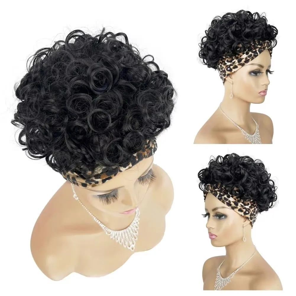 باروكات صناعية كبيرة مجعدة مع عصابات رأس مرفقة للنساء، باروكات صناعية قصيرة مجعدة للنساء ذوات البشرة السمراء مع مشابك ثانية