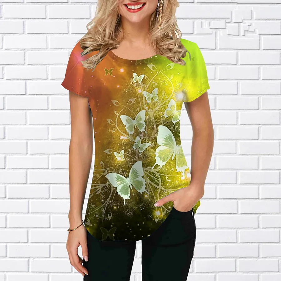 فراشة نمط موضة النساء تي شيرت الصيف قصيرة الأكمام ثلاثية الأبعاد مطبوعة الشارع الهيب هوب السيدات تي شيرت 3XL حجم كبير بلايز عادية