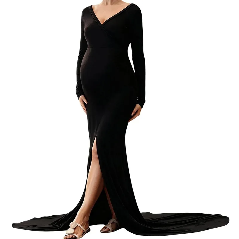 Black Women's Maternity Photoshoot Maxi Dress V-neck Hem Split Tail Dress For Pregnant Women Clothes Photography Baby Showers
