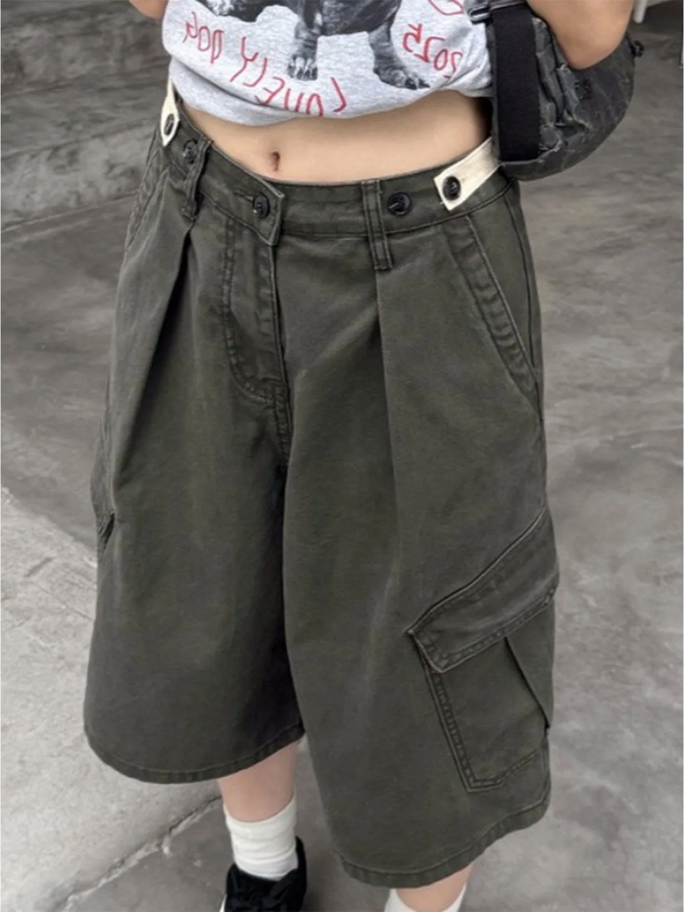Women Vintage Wide Leg Pants Adjustable Multi Pocket Retro Washed Capri Trousers for Spring Autumn Outdoor Casual Daily Wear