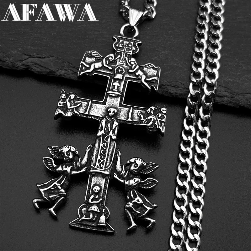 Collier catholique INRI Caravaca croix jésus Crucifix chérubin ange pour femmes hommes acier inoxydable orthodoxe russie bijoux cadeau