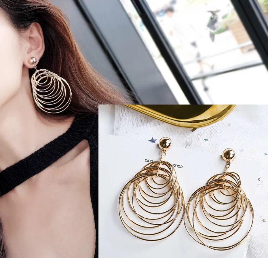 أقراط معدنية متعددة الطبقات دائرية كبيرة طويلة مبالغ فيها ، أوروبا والولايات المتحدة ، مسمار المد